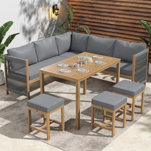 Miyemo Gartenmöbel Set, Garten-Essgruppe mit Kissen, Balkon Möbel, Lounge Möbel Outdoor für 7–8 Personen, Ecksofa, Terassenmöbel Außen, mit Sofa, 3 Hocker und 1 Tisch, Akazie, Grau+Natur