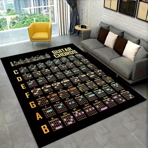 SMXVRC Gitarrenakkorde Schlafzimmerteppich, 80x150cm, Musikinstrumente Gitarrenmuster Innenbereich Teppich, Komfort Maschinenwaschbar rutschfeste Kurzflor LichtbestäNdig Teppiche für Esszimmer