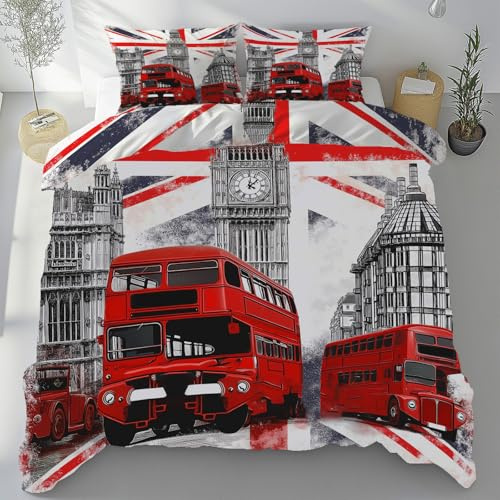 Meugesoi London Big Ben Bettbezug 135x200 cm 3-Teilig Modern Doppeldecker-Bus Bettwäsche Mikrofaser Weich Atmungsaktiv, Bettwäsche Set mit 2 Kissenbezüge 80x80 cm mit Reißverschluss