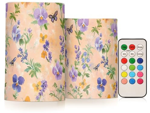 famyily Spring Flowers Pansy Butterflies Bees Peach Flameless Flickering Candles Led Flameless Candles with Remote Control for Outdoor 4 5 Set of 2