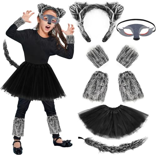 Hpbaggy Werwolf Kostüm Mädchen,Wolf Ohren und Schwanz Set,Wolf Maske Haarreifen Pfoten Tüllrock,Tierkostüm für Mädchen Karneval Cosplay Geburtstag Party,Halloween Faschingskostüme Accessoire