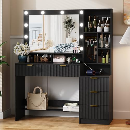 JUMMICO Toeletta Trucco con Specchio e Luci,Tavolo da Toilette con Cassetti, Postazione Trucco con Ripiani Aperti, Ganci per Gioielli e Presa Elettrica per Camera da Letto, Moderno (Nero)