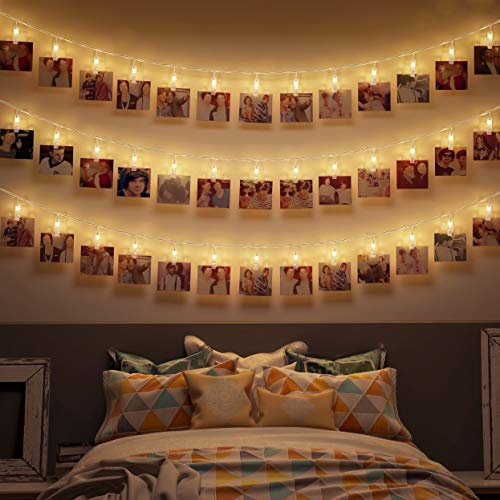B.K.Licht - 5m LED Foto Lichterkette mit batteriebetrieb (exkl.), 40 Clips, super warmweiße Lichtfarbe, Weihnachstdeko, Lichterkette Innen, Wanddeko, Zimmer Deko, Fotowand, 500 cm, Transparent
