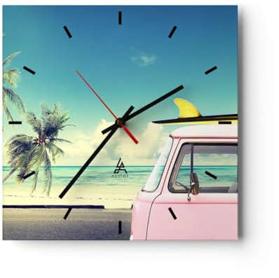 Modern Wanduhr Auto Surfbrett Strand Ozean 30x30cm Quadrat Klein Wand Uhr Glas Analog Zimmeruhren Küche Büro Wohnzimmer Glasuhr Wall Clock Dekoration Design Wanddekoration Küchenuhr C3AC30x30-2835