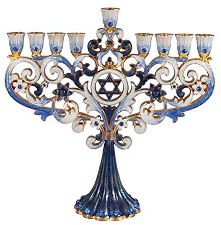 Zion Judaica Ltd Artistic Chanukah-Kerze, Menora, elegant mit Juwelen besetzter und vergoldeter Baum Fleur de Lis Menora für Chanukka (klassisches Blau), in eleganter Geschenkbox