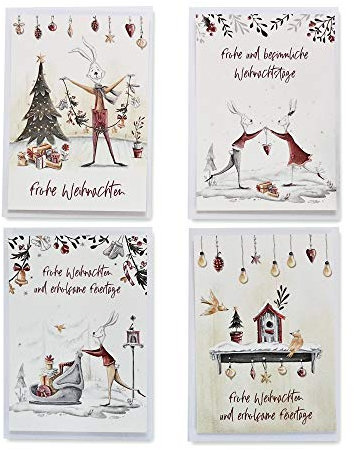 Feenstaub Weihnachtskarten Set, Grußkarten 4er Set, Weihnachtsbillets, inkl. C6 Kuverts, Frohe Weihnachten wünschen, Weihnachts Grußkarten, Frohe Weihnachten Karte Hasen-Paar