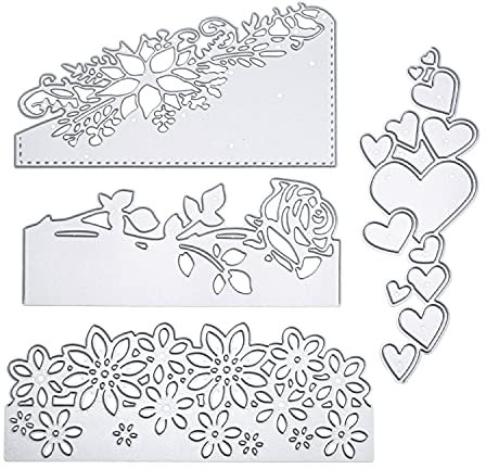 4 Stück Stanzschablone Rose Blumen Herz Set Stanzformen 3D Blume Blüten Blüte Herzen Rand Schneiden Prägeschablonen Prägung Schablone Stanzschablonen für Scrapbooking Foto Album Karten Deko Basteln