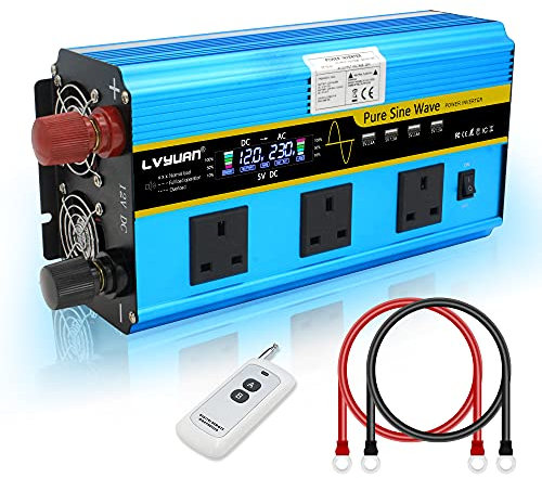 LVYUAN 2500W /5000W Pure Sine Wave Power Inverter DC 12V to AC 230V/240V Converter with LCD & Wireless Remote Controller & 3 AC Sockets & 4 USB Ports & Fan