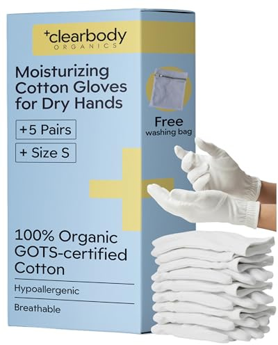 Clearbody Organics 100% Organic Cotton Gloves for Dry Hands Sleeping - Breathable Cotton for Eczema - Moisturizing Gloves Overnight (5 Pairs, Size S)