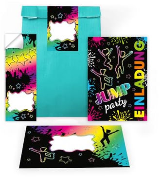 Limonia 8 Einladungskarten zum Kindergeburtstag Jump Trampolin Party Trampolin neon Einladung Set Geburtstag Mädchen Kinder Jungs Jungen Boys Geschenktüte inkl. 8 Umschläge, 8 Tüten, 8 Aufkleber