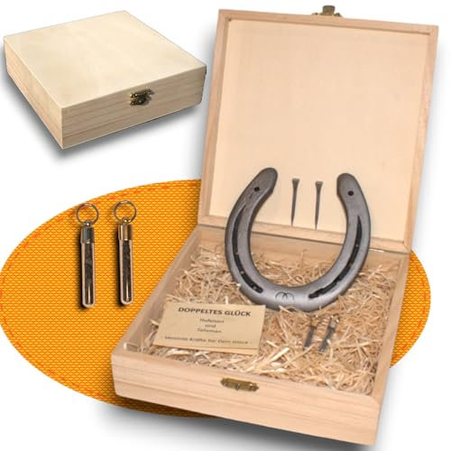 Mystisches Glücksset – Echtes getragenes Hufeisen mit Talismanen & Ambossstaub in edler Holzbox – Symbol für Schutz, Kraft & Beständigkeit - Kunstschmiede Lutterberg