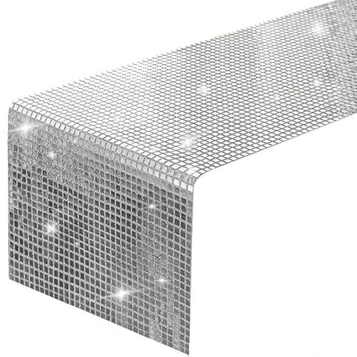 Yisquar 12 x 108 Zoll Glitter Disco Party Tischläufer Spiegel Silber Tischdecke Sparkle Pailletten Tischdecke Retro 70er 80er Jahre Disco Ball Dekor Geburtstag Bachelorette Hochzeit Tanz Cowgirl Party