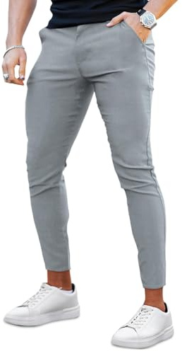 GINGTTO Men Slim Stretch Chino Trousers Skinny Tapered Pants Grey 32
