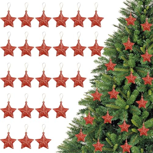Weihnachtsbaumschmuck 24 Stück Glitzer Stern Anhänger Weihnachten Deko, Hängende Sterne Deko Weihnachtsschmuck,Weihnachtsbaum Anhänger Weihnachten Deko für Baum, Fenster und Wanddekoration