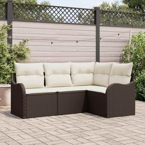 Hoopleep Gartensofa-Set Braun aus Poly-Rattan, Modulares Outdoor Loungeset mit Kissen für Terrasse & Balkon, UV-beständig, Langlebige Gartenmöbel für 4 Personen