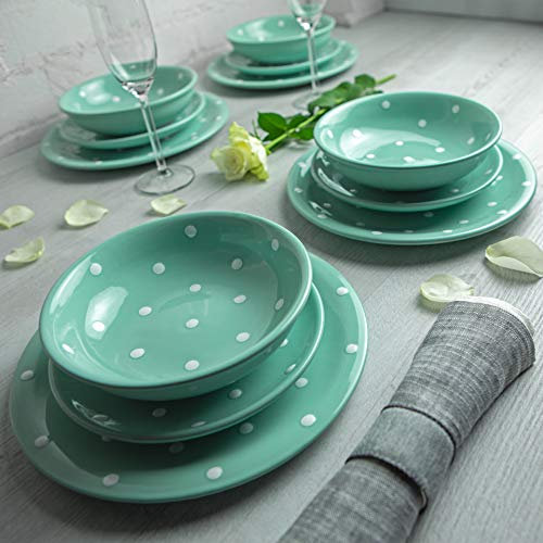 City to Cottage® Set de 12 piezas de Vajilla de Cerámica Pintada a Mano en Azul Cerceta y Blanco | Vajilla con Diseño de Lunares para 4 | Plato Grande | Plato Pequeño | Plato Hondo