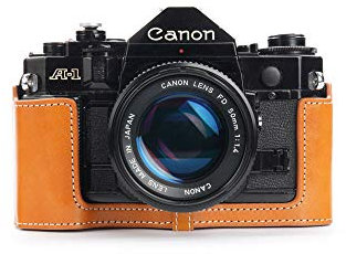 Case for Canon New AE-1 AE-1P A-1 (with Handle), Zakao Handmade Genuine Real Leather Half Camera Case Bag Cover for Canon New AE-1 AE-1P A-1 (with Handle) With Hand Strap (Yellow)