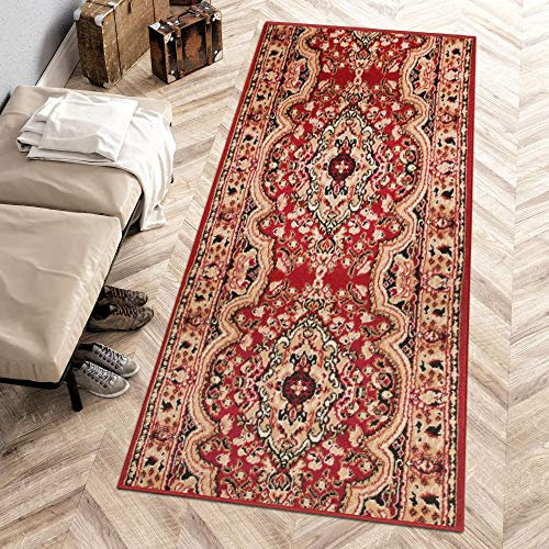 Carpeto Rugs Läufer Flur Teppich Orientalisch - Küche Vorzimmer Eingangsbereich - Teppichläufer Meterware 90 cm Breit - Rot Weinrot 90 x 400 cm