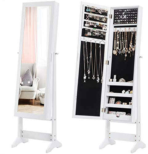 COSTWAY Armoire à bijoux sur Pied avec Miroir Psyché Coffre à Bijoux, Armoire de Rangement Cosmétiques,3 Positions Réglables, Installation Facile, Style Nordique, Blanc