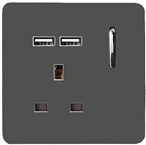 Trendi 1 Gang Single Switched Screwless Artistic Modern Glossy 13 Amp 2x Type A 2.1A USB Charging Port 13A Wall Outlet Plug Socket in Charcoal Grey - ART-SKT13USBCH