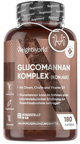 Konjac Glucomannane en Gélules 3000 mg Pure 95% de Fibre Konjac, Perte de Poids, Cholestérol - 180 Gélules Pour 1 Mois Enrichi en Vitamine D3,B3 & Chrome Pour Glycémie Normale (EFSA), Fort Dosage