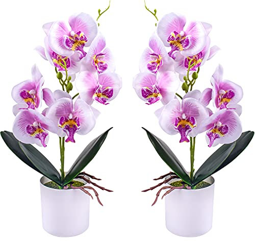 XONOR Artificial Orchid Flowers, 2 Pieces Potted Orchid Flowers Fake Orchids with Plastic Vase for Table Centerpiece Home Decor Office Wedding Party Decoration (Purple)