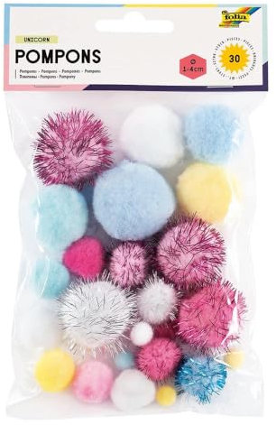 folia 50312 - Pompons Unicorn, 30 flauschige Bällchen sortiert in verschiedenen Größen und Farben, ideal für farbenfrohe Bastelarbeiten