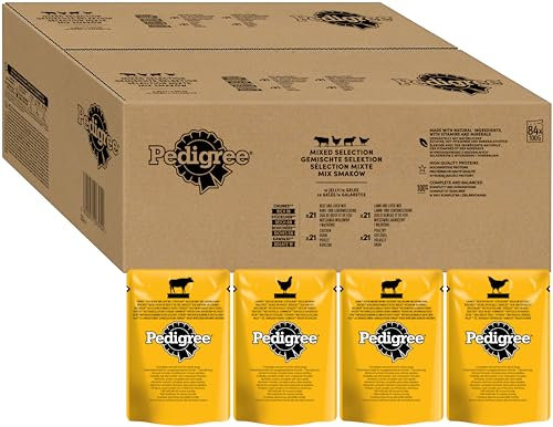 PEDIGREE Adult Multipack Gemischte Selektion in Gelee - Hundenassfutter im Portionsbeutel für erwachsene Hunde - 4 Varietäten - 84 x 100g