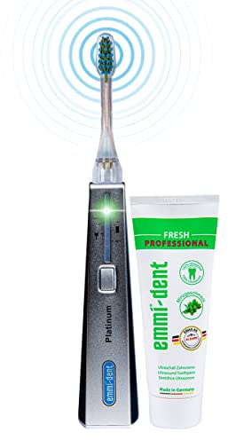 Emmi-dent Electric Toothbrush Set - Carbon Edition. 100% Ultrasound Technology removes Harmful Plaque Without Abrasive Brushing. Ideal for Sensitive Teeth & Gums. Includes Nano-Bubble Toothpaste.