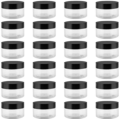JEUIHAU Paquete de 24 tarros de plástico transparente de 100 ml con tapas, tarros de almacenamiento vacíos sin BPA, recipiente de plástico de boca ancha para limo, especias, granos, manualidades