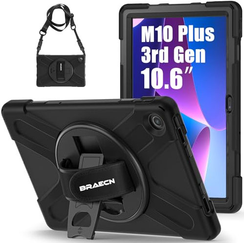 BRAECN Funda para Lenovo Tab M10 Plus 3.ªGeneración 10.6 Pulgadas 2022, Carcasa Rugosa con Soporte de Rotación de 360°, Correa de Mano/Hombro, Carcasa Antichoque para Tab M10 Plus 10.6, Negro