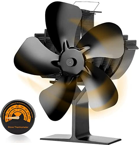 CWLAKON Holzofenventilator, großer wärmebetriebener Kaminventilator für Gas/Pellet/Holzofen, leiser Öko-Ofenventilator, 5 Flügel, mit Thermometer
