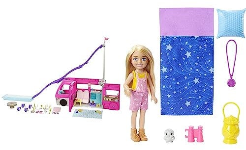 Barbie Camper | DreamCamper Vehicle Playset | 60+ Barbie Accessories and Furniture Pieces | 7 Play Areas Including Pool and Slide& It Takes Two Chelsea Camping Doll with Pet Owl & Accessories