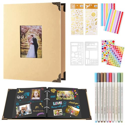 DazSpirit Ringbuch Fotoalbum, Fotoalbum Zum Selbstgestalten Für 160 Bilder, Nachfüllbar Scrapbook Fotobuch Mit 60 Seiten, Inkl.10 Metallic Farbmarker, Gästebuch Für Geburtstag Und Hochzeit (Gelb)