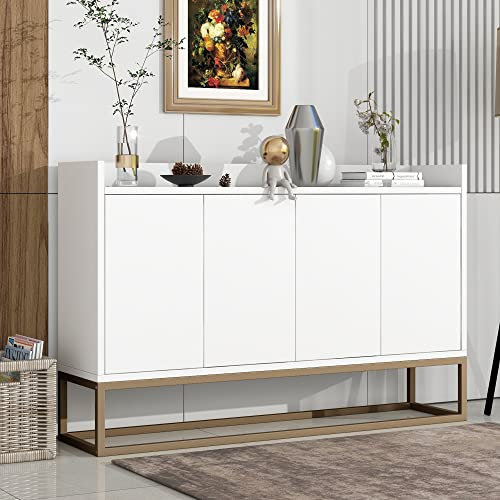 Azkoeesy Sideboard mit Viel Stauraum, 120 x 80 x 30 cm, mit Zaun und Golden Metallbein, TV Kommode Buffetschrank Küchenschrank, für ESS & Wohnzimmer, weiß