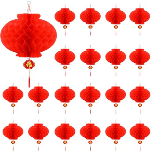 Chinesische Laternen,20 Stück Chinesische Lampions,20CM/7,9 Zoll Rote Laterne,Chinese New Year Decoration 2025,Rote Hängende Faltbare wasserdichte Papierlaterne für Chinesisches Neujahr Deko