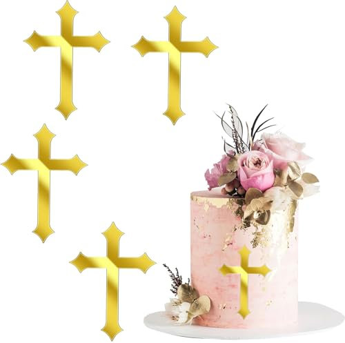 ALEGRE Tortendeko Kreuz,Taufe Cake Topper Gold 8x11cm,4 Stück Kreuz Tortendeko Kommunion Deko Mädchen Junge,Acryl Kuchendeko für Hochzeit Babyparty Geburtstag Party Kommunion