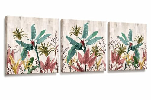 Lupia - Set 3 Quadri su Tela CANVAS DAY BANANA LEAVES BEIGE 38x38 cm foglie banano colorate, Stampa Vivida Pronto da Appendere, Decorazione Soggiorno, Capezzale Camera da Letto, Cucina, Ufficio