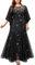 MISSMAY Women's Plus Size Elegant Butterfly Sleeve Chiffon Floral Sequin Lace Contrast Mesh Mermaid Hem Evening Party Long Dress (2XL, Black)