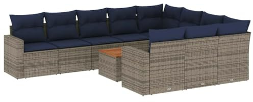 vidaXL Garten Sofa Garnitur 11-TLG., Gartenmöbel Set mit Kissen, Sitzgruppe für Garten Terrasse, Modular Gartensofa Lounge Tisch, Grau Poly Rattan