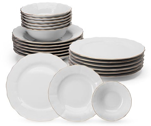 Porland Vaisselle en porcelaine ondulée 18 pièces, blanc et or, vaisselle complète et élégante, pour 6 personnes