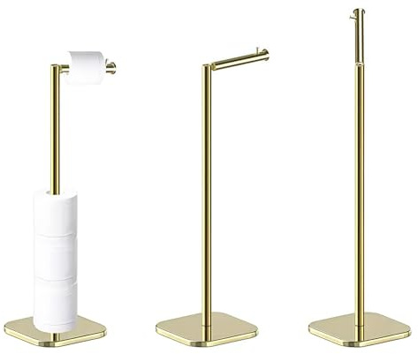 Stainless Steel Toilet Roll Holder Free Standing with Heavy Duty Base, 2 In 1 Free Standing Toilet Roll Holder, Practical Design Toilet Roll Stand, for Bathroom Toilet Paper Holder 6 Rolls (Golden)