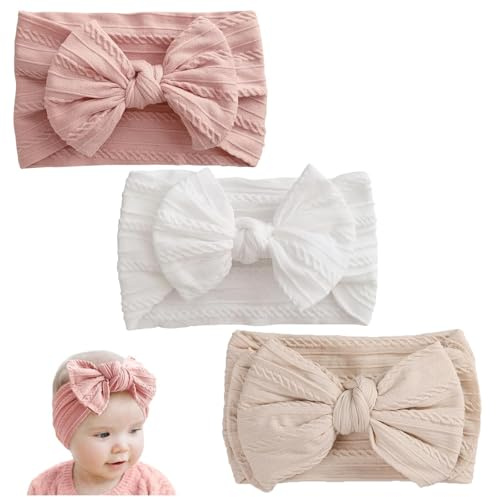 3 Stück Stirnband Baby Mädchen, Elastische Baby Haarband, Nylon Weiche Haarband Mädchen Stirnbandfür Neugeborene, Kleinkinder (Rosa und Weiß und Beige)
