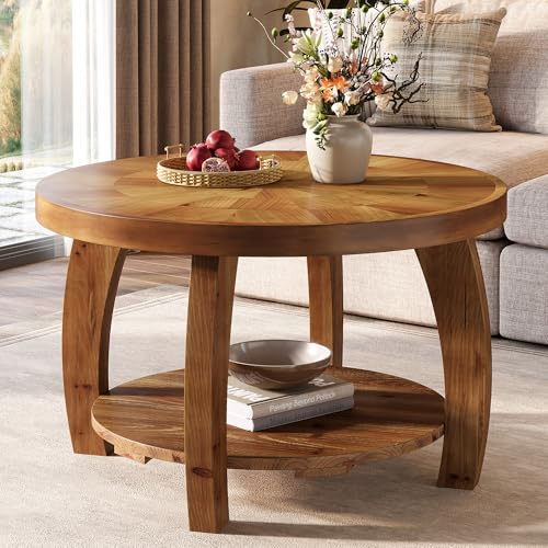 TRIBEWOOD Solid Wood Round Coffee Table, 2-Tier Center Table with Storage, 31.5 Inch Wood Tabletop with Mosaic Pattern, Easy Assembly, for Living Room, Brown