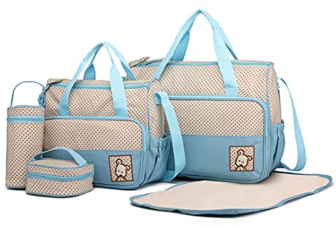 Miss Lulu 5er-Set Baby Wickeltasche Babytasche Tasche Mutter Windeltasche Handtasche Schultertasche Flaschenhalter mit wickelunterlage (Blau)