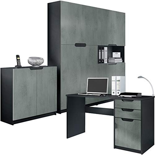 Vladon Büromöbel Arbeitszimmer komplett Set Logan, Made in Germany, Korpus in Schwarz matt/Fronten in Beton dunkel Optik