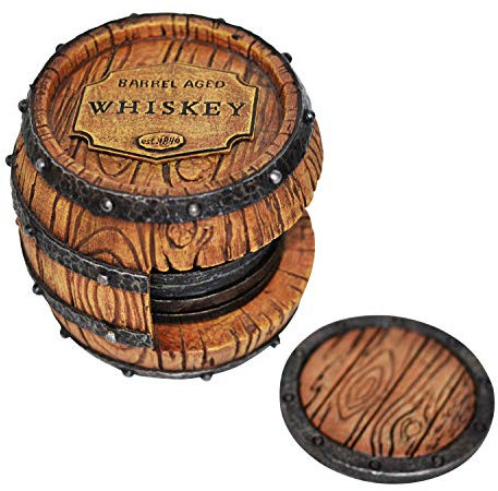 Beer & Whiskey Glass Modern Drink Coasters with Holder for Man Cave, 5pc Whiskey Bourbon Barrel, Unique Home Bar Decor & Accessories, Home Decorations for Dining Room
