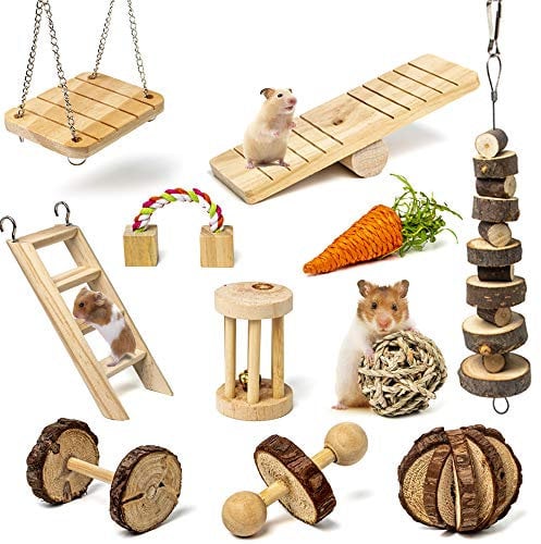 Labeol Hamster Chew Toys Small Animal Boredom Breakers Cage Accessories Pet 11 Pcs Natural Wooden Toys Hamster Ball Swing for Rat Guinea Pig Chinchilla Gerbils Rabbit Parrot Syrian