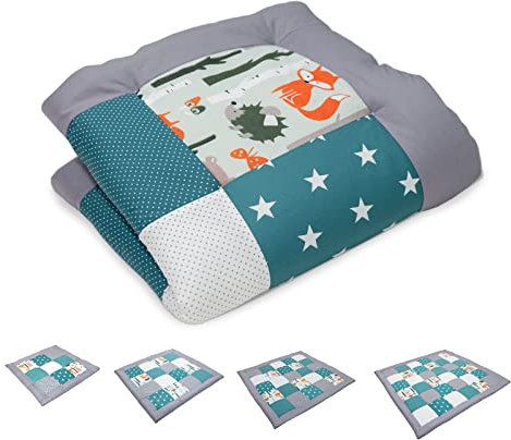 ULLENBOOM Krabbeldecke für Baby 80x80 cm, Outdoor-geeignet, 100% OEKO-TEX Materialien, Made in EU, Weich gepolstert, Waldtiere Petrol - ideal als Spieldecke Baby