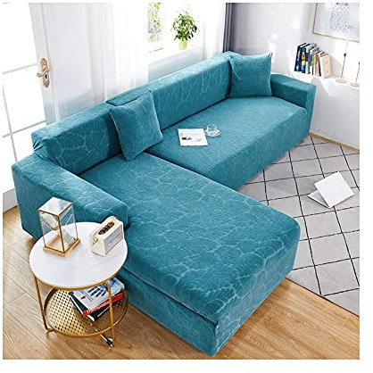 Daesar Sofa Überzug Ecksofa 3 Sitzer 190-230, Überwürfe Sofabezug Wasserdicht Eisblau mit Blätter Muster Couchbezug Stretch Eckcouch Polyester